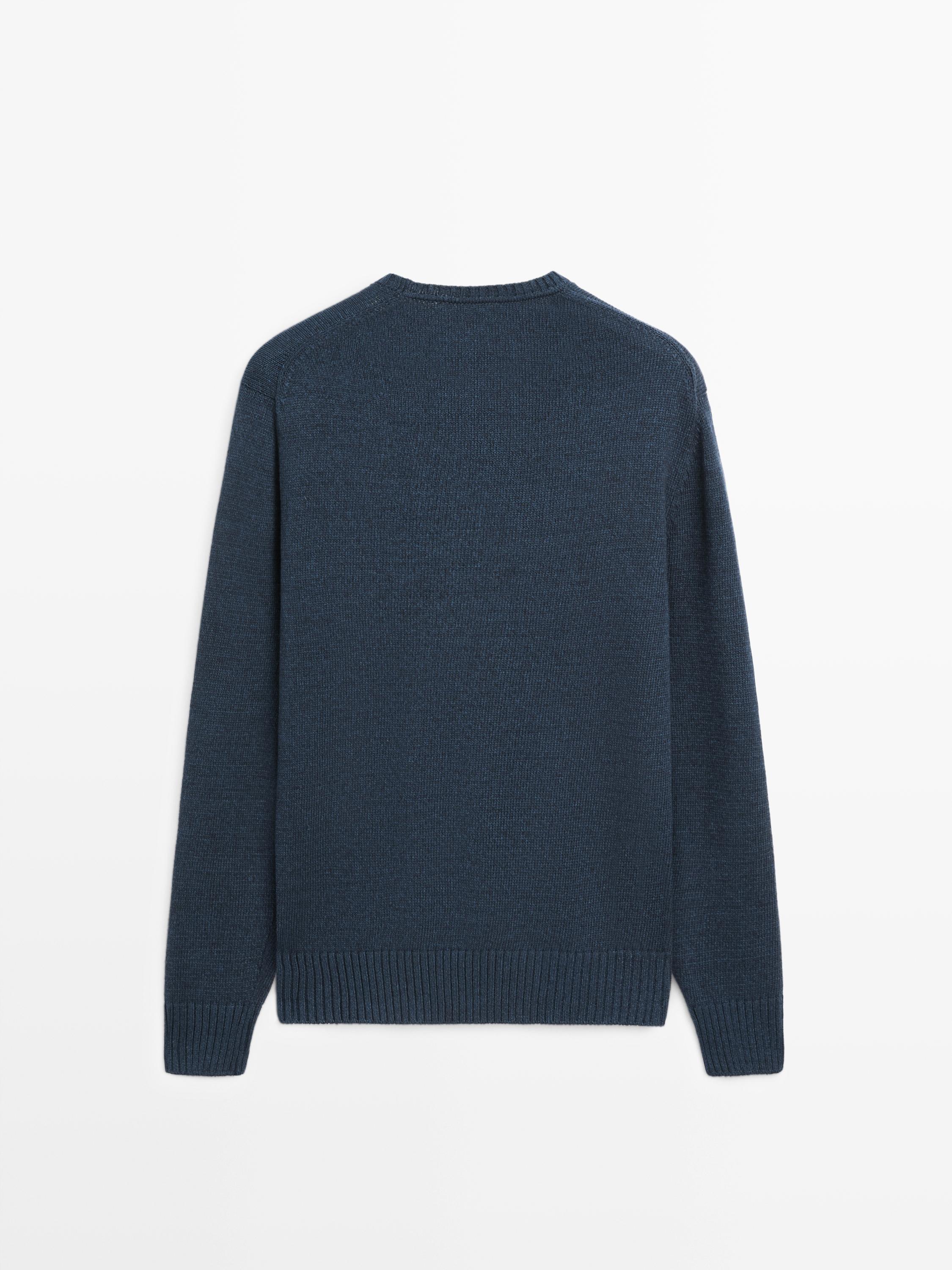 Denim-effect crew neck knit sweater